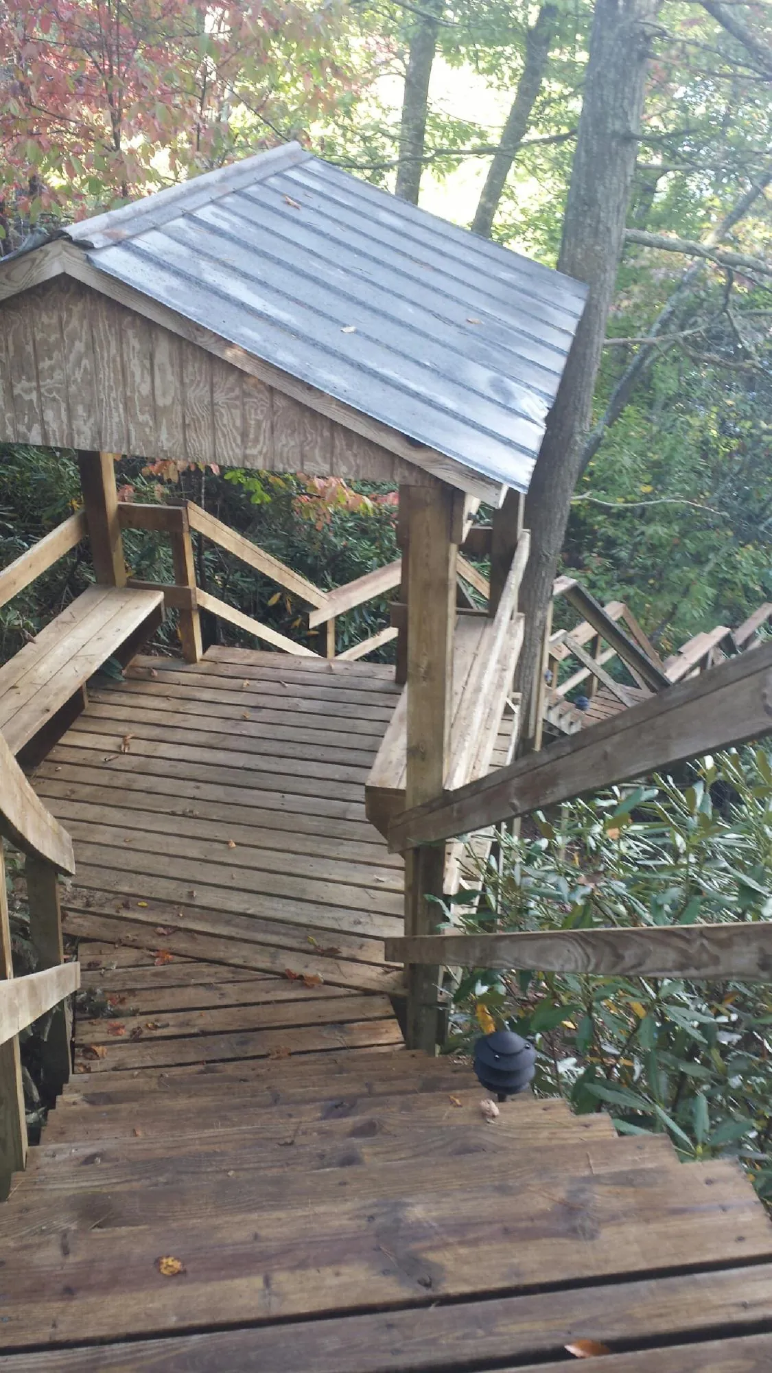 Metal roofed shelter over wooden steps on a wooded walkway — Skylight Repair & Installation work by our crew in Jackson